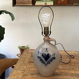 Vintage 1987 Rowe Pottery Works Salt Glaze Stoneware Jug Lamp Blue Heart